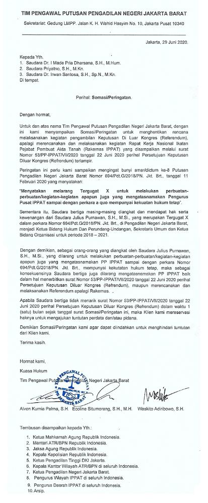 Surat Perihal Somasi/Peringatan Tim Pengawal Putusan Pengadilan Negeri Jakarta Barat